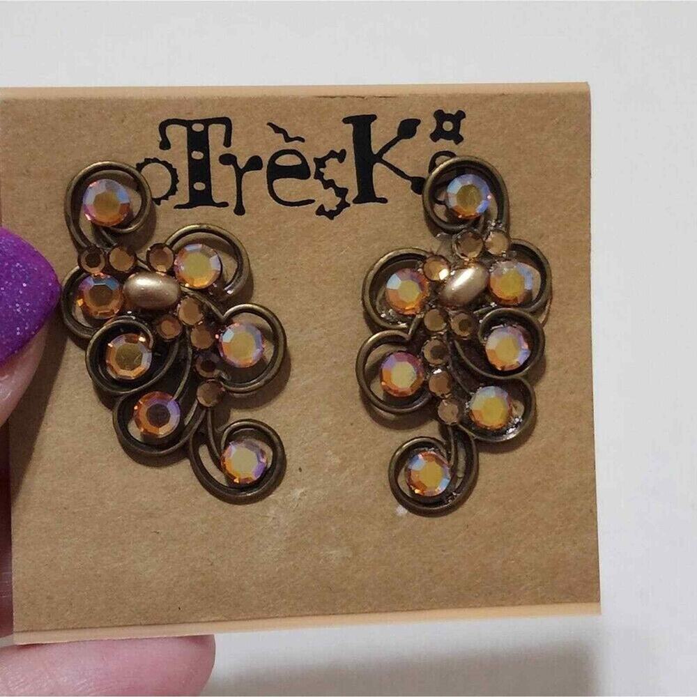 Treska Antique Brass Aurora Borealis Crystal Scroll Post Earrings Iridescent